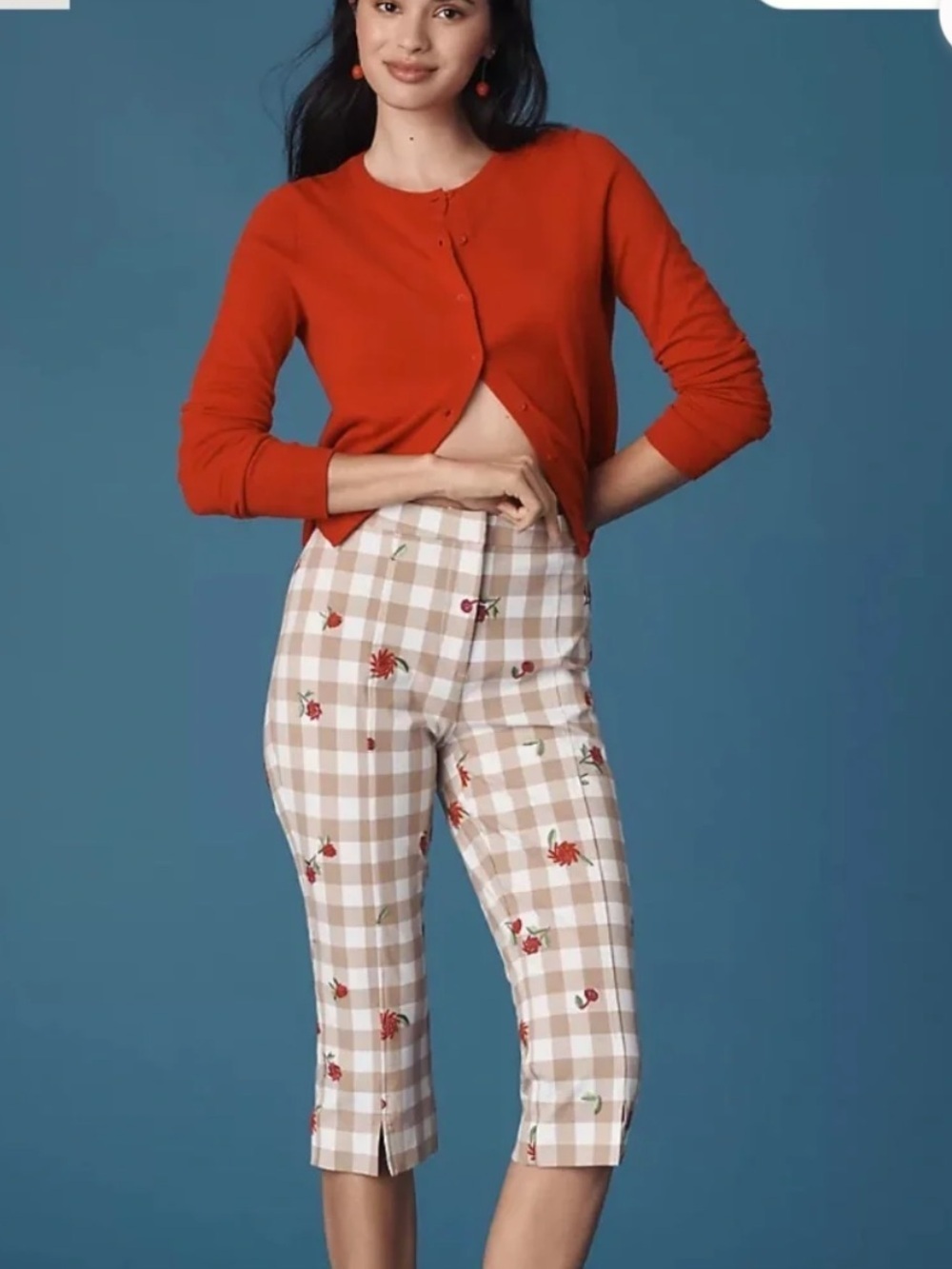 Maeve Gingham Rose Pattern Capri Pants Size 8